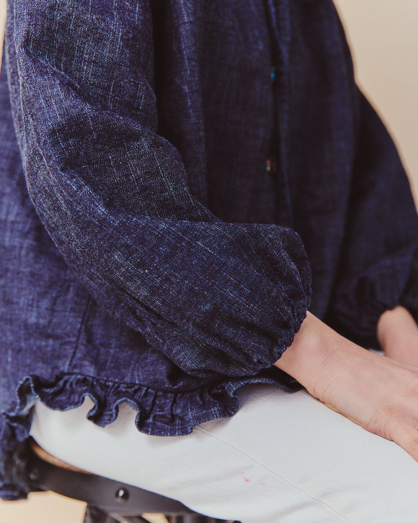 Deadstock denim Painter's shirt with frilled hem, big sleeves and beautiful buttons. made to order in the UK