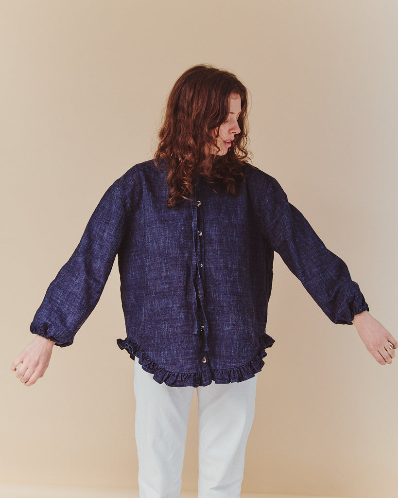 Deadstock denim Painter's shirt with frilled hem, big sleeves and beautiful buttons. made to order in the UK