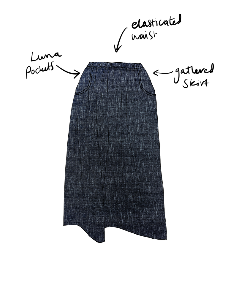 Deadstock 100% cotton denim skirt with elasticated waist and HUGE pokets. made to order in the UK