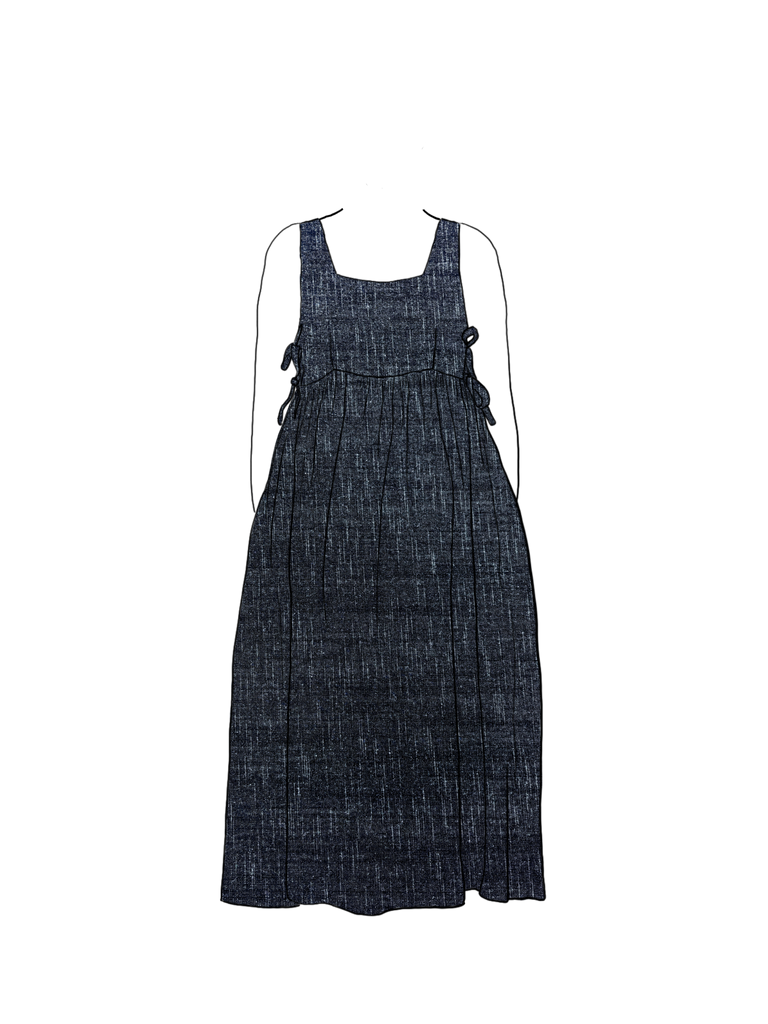 Adjustable tie side dress with pockets made in deadstock denim in the UK