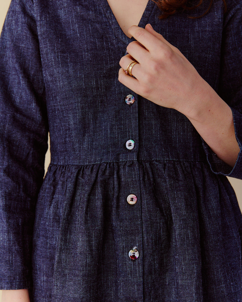 Slubby deadstock denim Frankie Dress with buttons and sailor collar